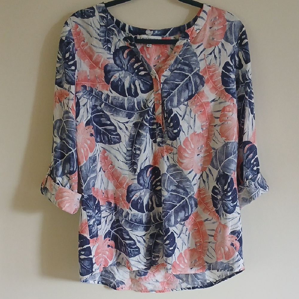 Emily Daniels Sz Large Floral Linen Blend Roll Up Sleeves